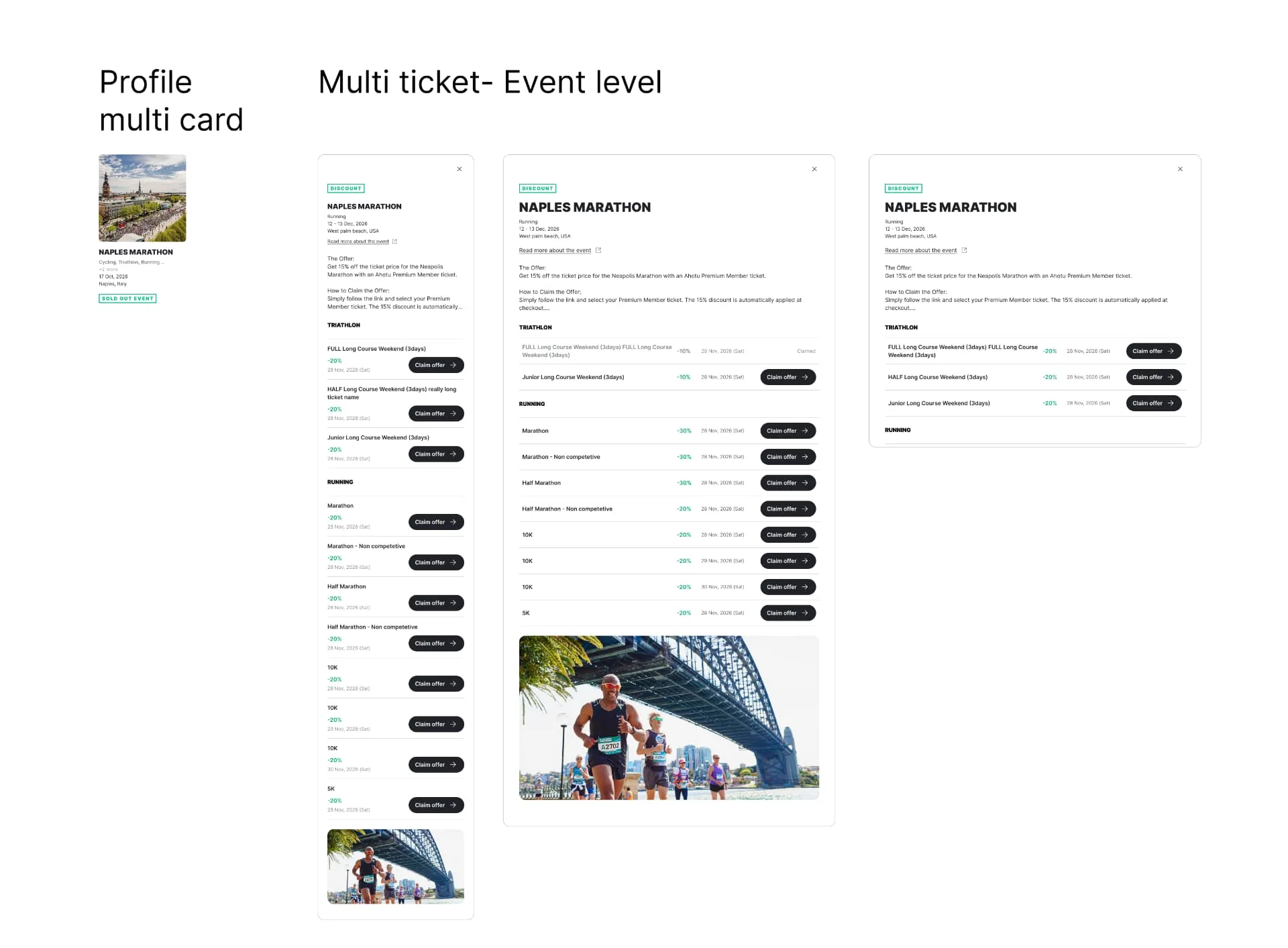 Multi ticket, event level: one event card opening an offer modal with every race, grouped by sport