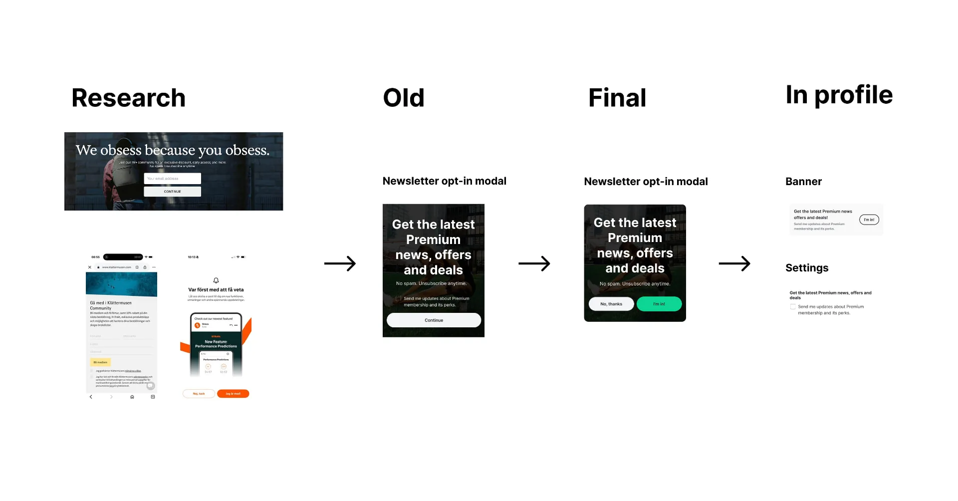 Consent strip from research through opt-in modal to settings