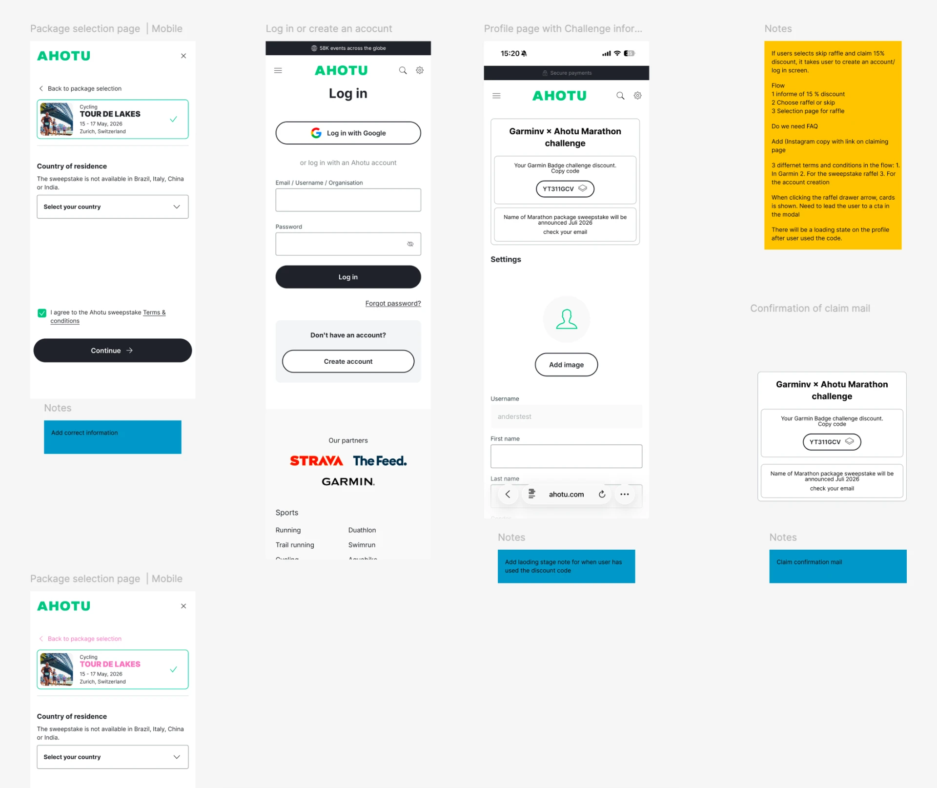 Annotated mobile wireframes with working notes