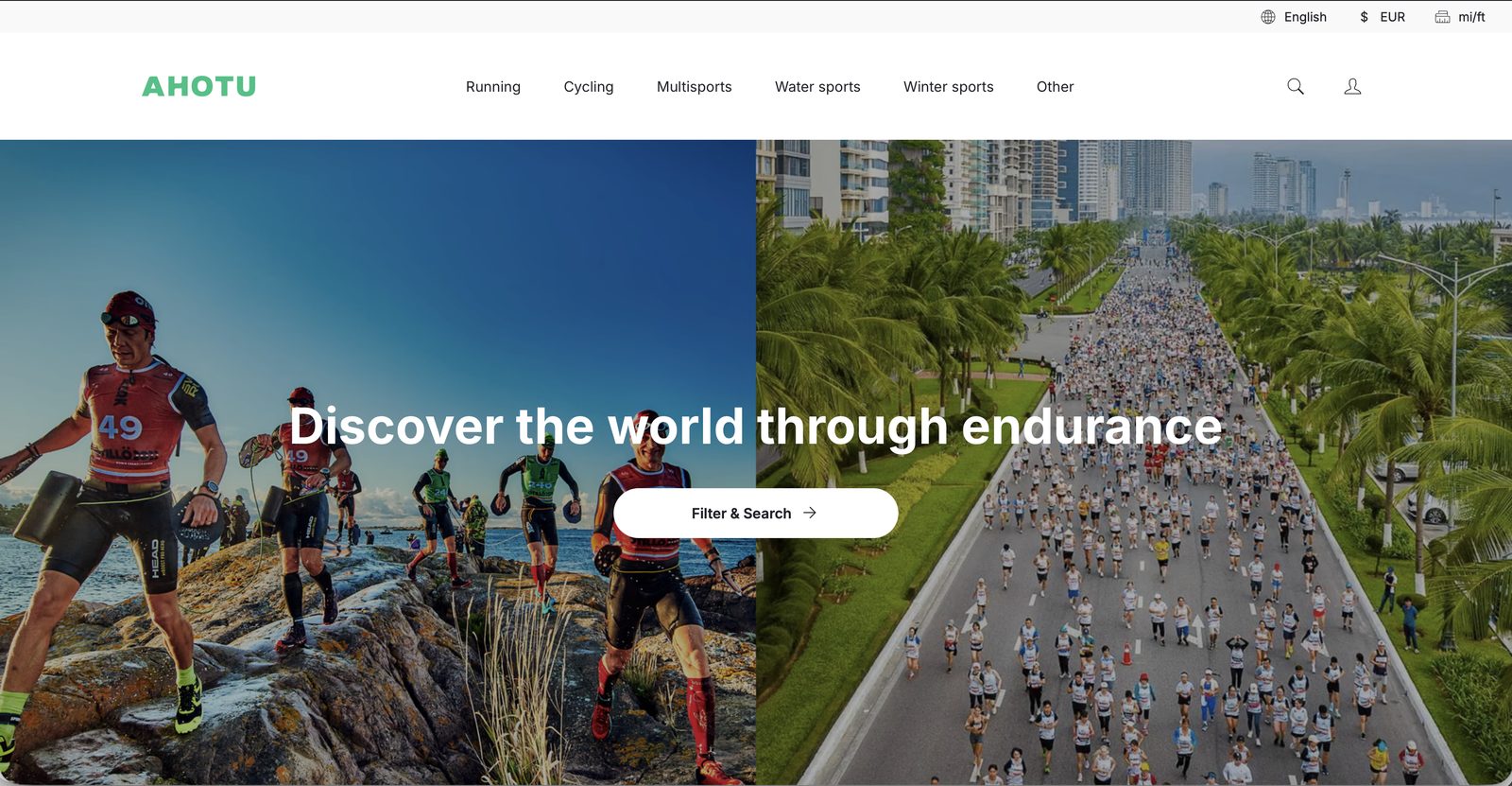 The homepage this menu lives on top of. "Discover the world through endurance," with the "Filter & Search" CTA the mega menu had to learn to coexist with, not compete with.