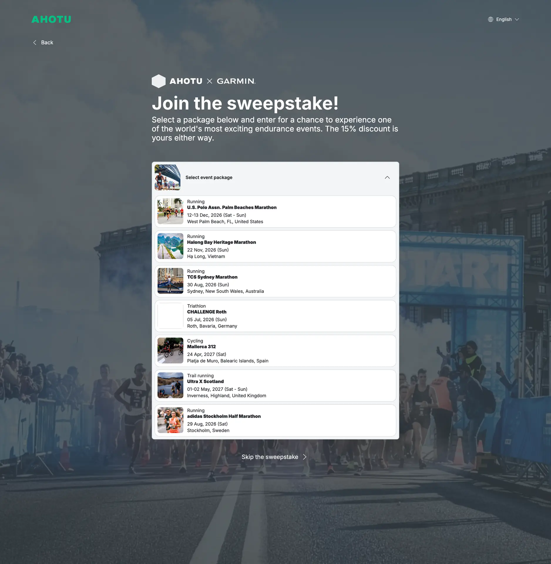 Selection page with the package drawer open