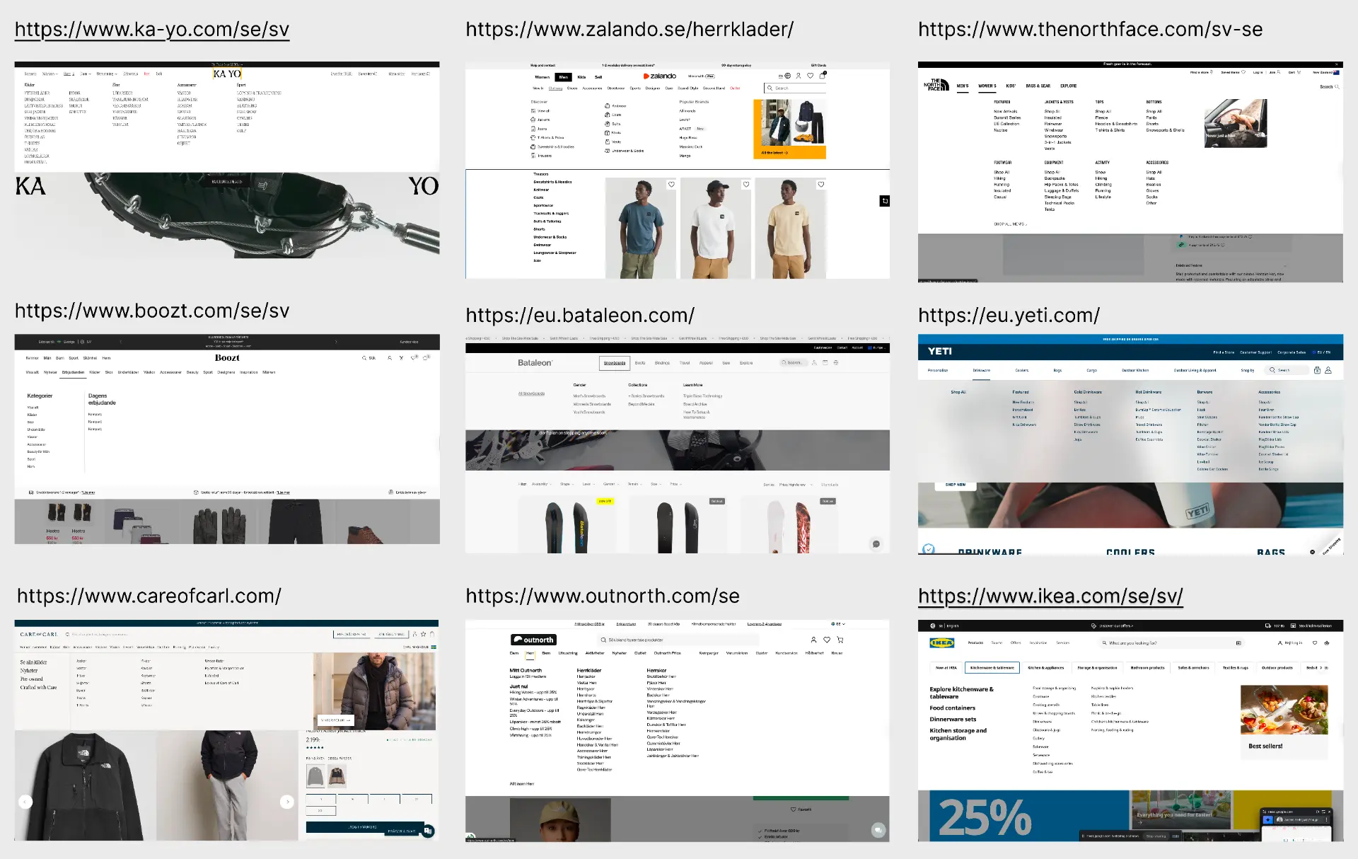 References board. Benchmarking flyout structures across ka-yo.com, Zalando, The North Face, Boozt, Bataleon, YETI, Care of Carl, Outnorth and IKEA before any Ahotu screens were drawn.