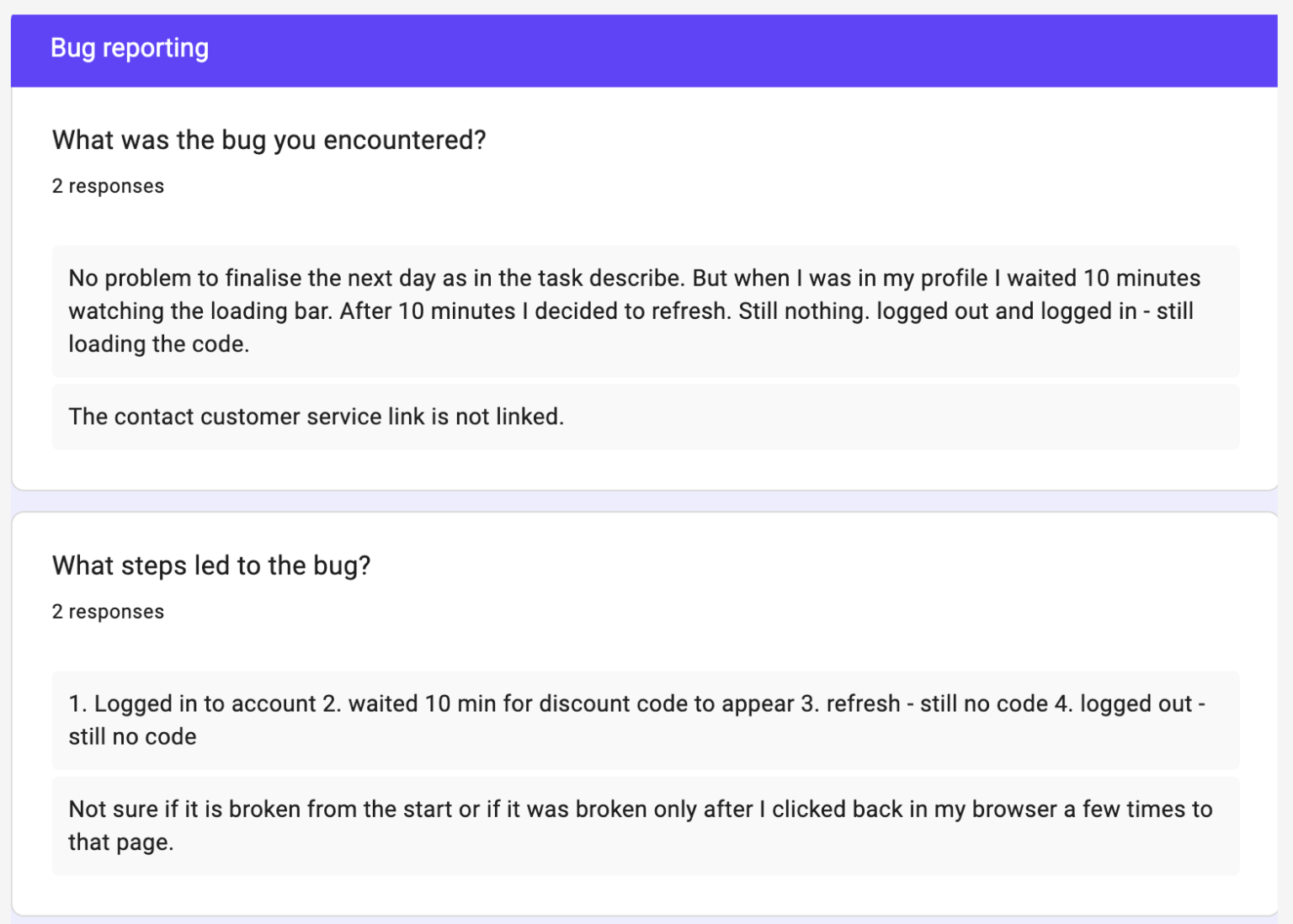 Bug reporting section of the test form