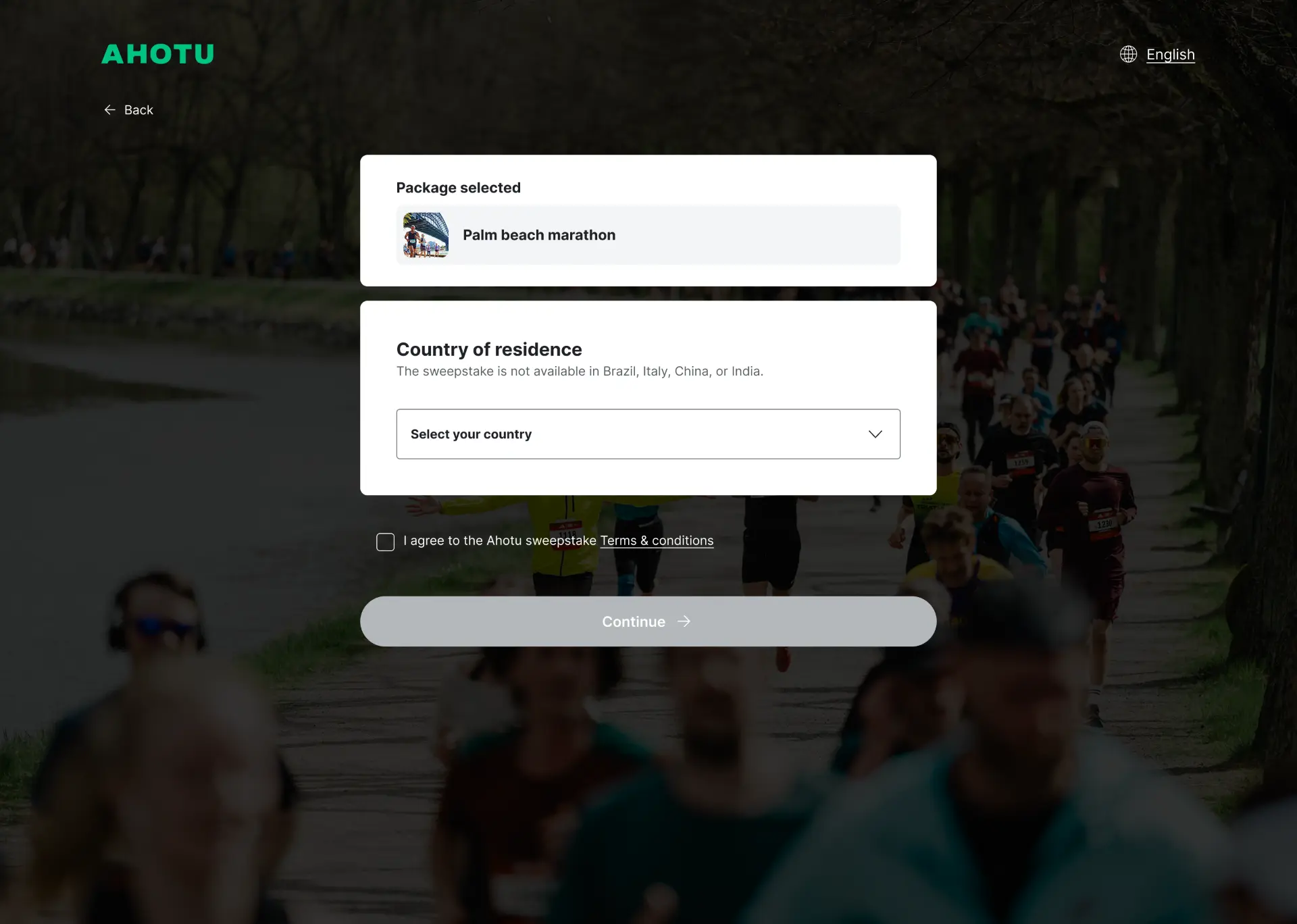 Country of residence selection page